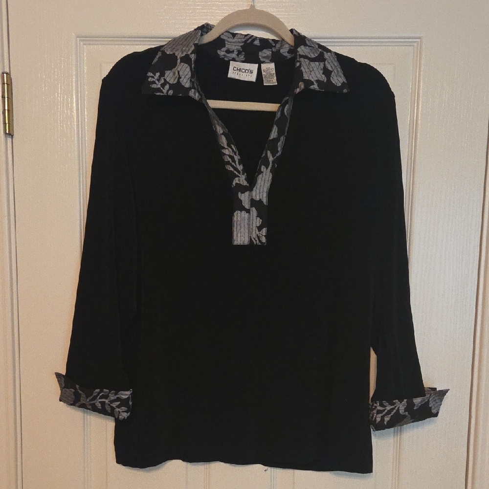 Chico's Travelers With Black Floral-Trim Pullover Top Size XL